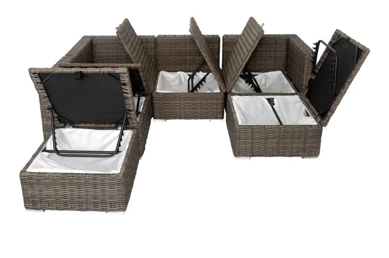 OUTFLEXX Gartenlounge, grau, Polyrattan, 6 Personen, verstellbare Sitzflächen, wasserfeste Kissenbox