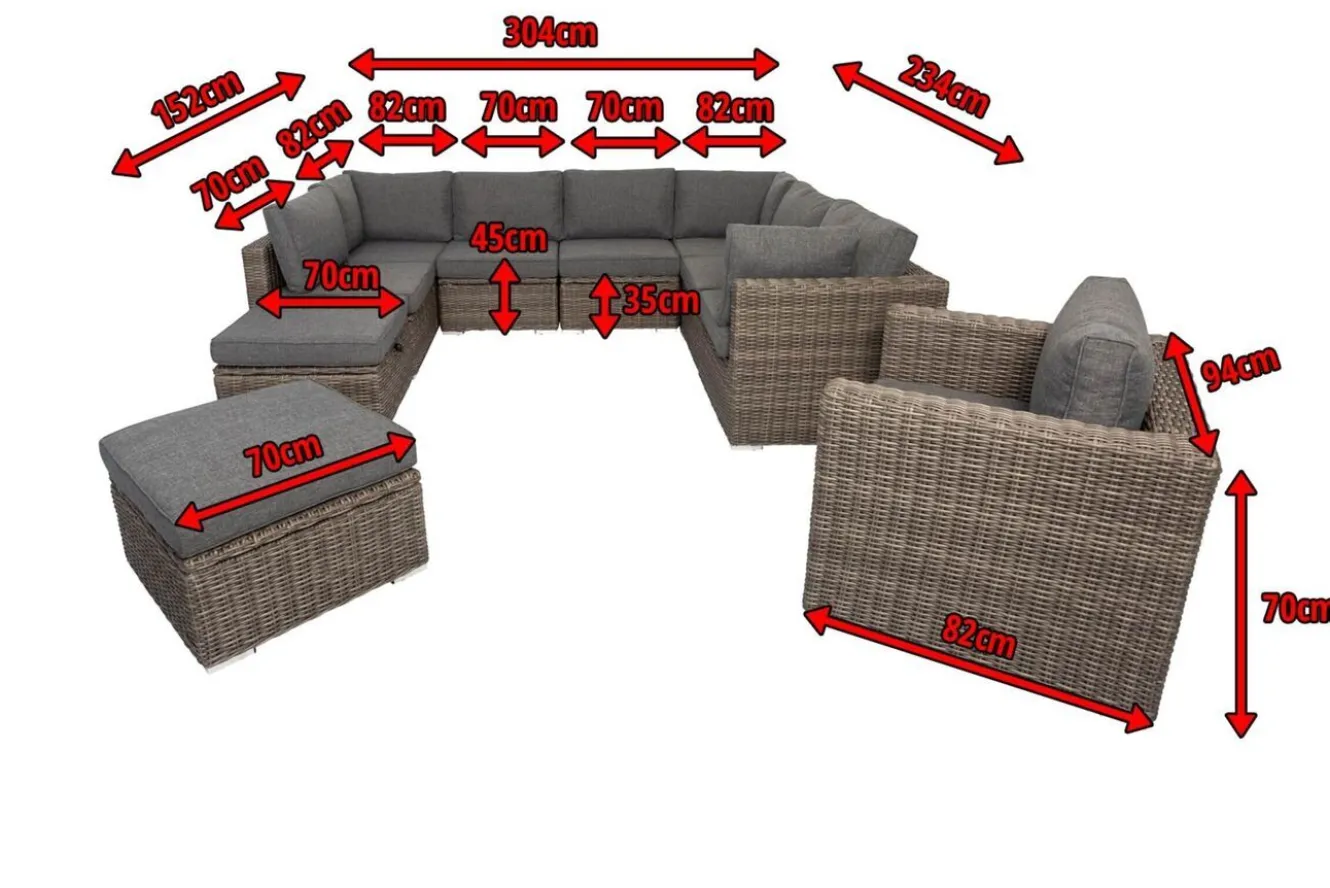 OUTFLEXX Gartenlounge, grau, Polyrattan, 10 Personen, mit Sessel, verstellbare Sitzflächen, wasserfeste Kissenbox