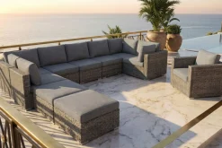 OUTFLEXX Gartenlounge, grau, Polyrattan, 10 Personen, mit Sessel, verstellbare Sitzflächen, wasserfeste Kissenbox