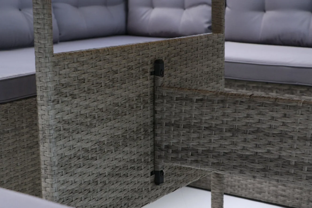 OUTFLEXX Gartenlounge, hellgrau meliert/grau, Polyrattan/Polyester, Tisch 145x79cm, 4 tlg., 7 Pers, inkl. Polster