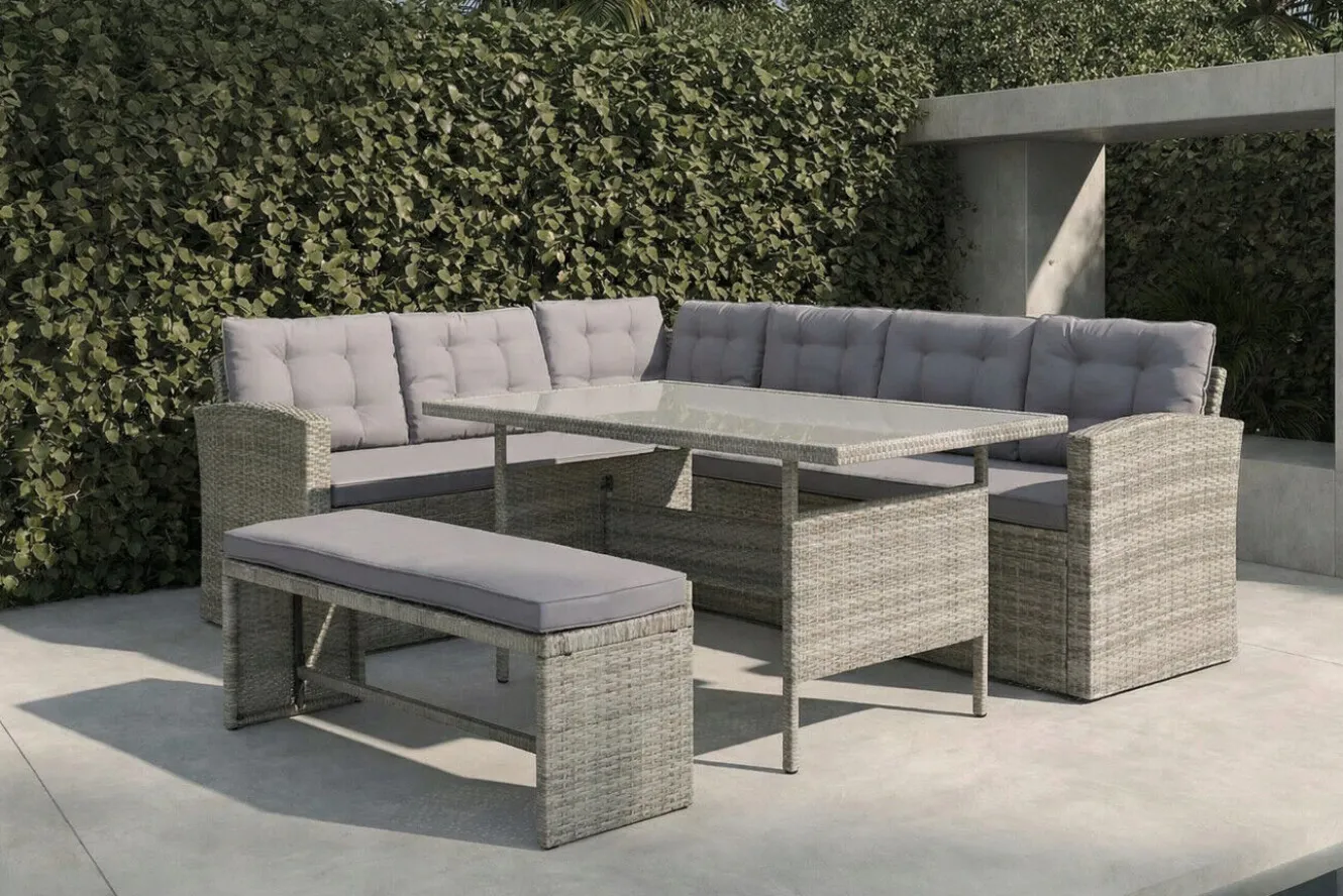OUTFLEXX Gartenlounge, hellgrau meliert/grau, Polyrattan/Polyester, Tisch 145x79cm, 4 tlg., 7 Pers, inkl. Polster