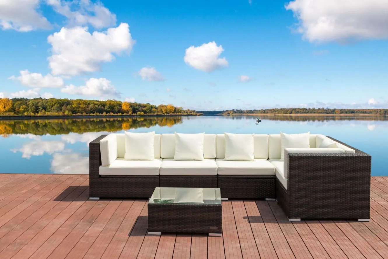 OUTFLEXX Gartenlounge, 5 Pers, braun marmoriert, Polyrattan, wasserfeste Kissenbox, inkl. Beistelltisch