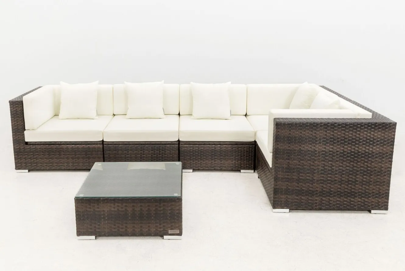 OUTFLEXX Gartenlounge, 5 Pers, braun marmoriert, Polyrattan, wasserfeste Kissenbox, inkl. Beistelltisch