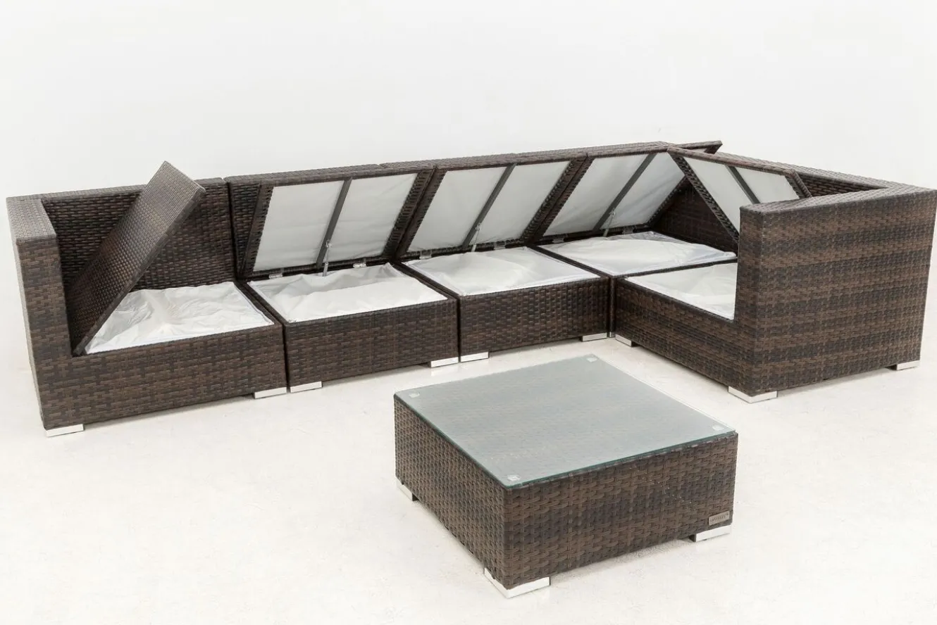 OUTFLEXX Gartenlounge, 5 Pers, braun marmoriert, Polyrattan, wasserfeste Kissenbox, inkl. Beistelltisch