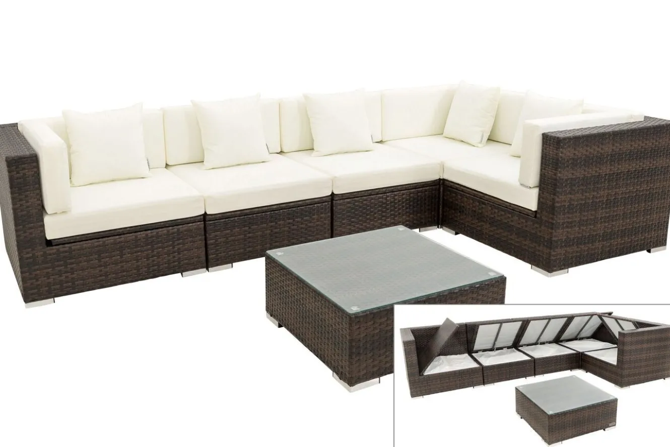 OUTFLEXX Gartenlounge, 5 Pers, braun marmoriert, Polyrattan, wasserfeste Kissenbox, inkl. Beistelltisch
