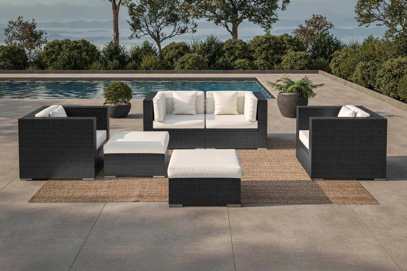 OUTFLEXX Gartenlounge, 5 Personen, creme/weiß, schwarz, Polyrattan, inkl. Kaffeetisch, wasserfeste Kissenbox