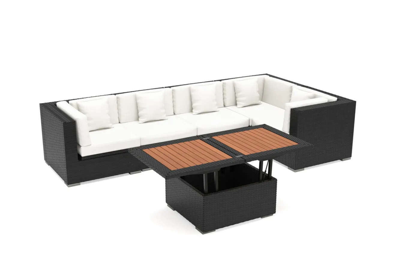 OUTFLEXX Gartenlounge Polyrattan, creme/weiß, schwarz, für 5 Personen, inkl. Loungetisch, wasserfeste Kissenbox