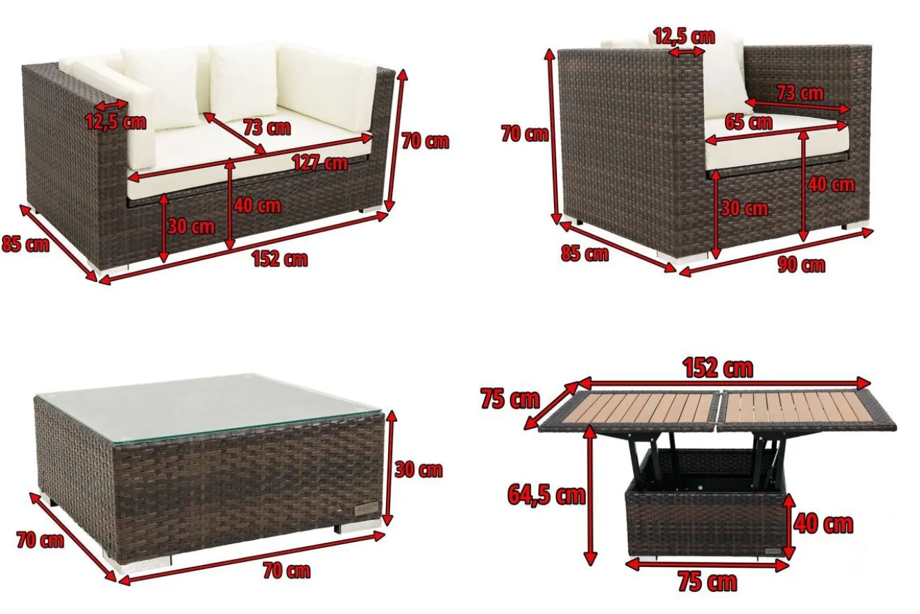 OUTFLEXX Gartenlounge, Polyrattan, braun marmoriert, 5 Pers, wasserfeste Kissenbox, inkl. Loungetisch