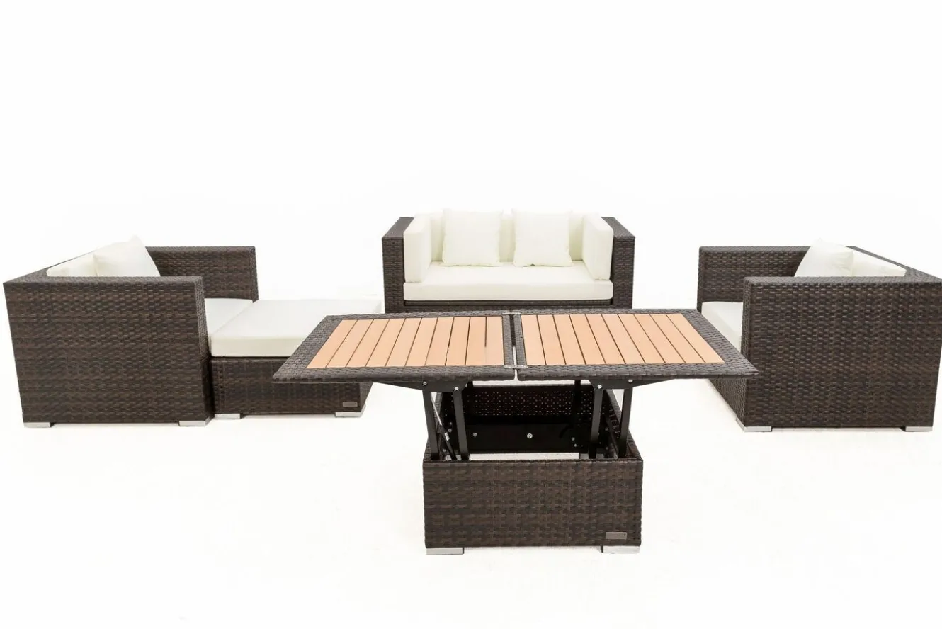 OUTFLEXX Gartenlounge, Polyrattan, braun marmoriert, 5 Pers, wasserfeste Kissenbox, inkl. Loungetisch