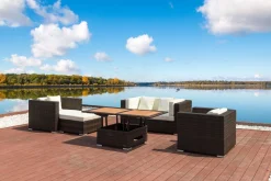 OUTFLEXX Gartenlounge, Polyrattan, braun marmoriert, 5 Pers, wasserfeste Kissenbox, inkl. Loungetisch