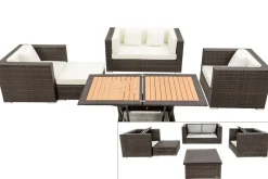 OUTFLEXX Gartenlounge, Polyrattan, braun marmoriert, 5 Pers, wasserfeste Kissenbox, inkl. Loungetisch