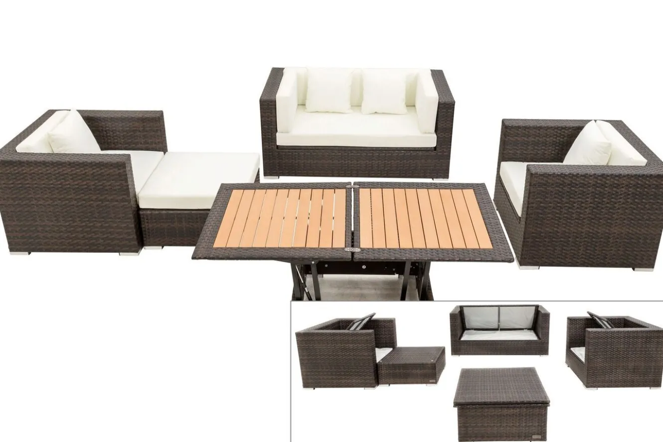 OUTFLEXX Gartenlounge, Polyrattan, braun marmoriert, 5 Pers, wasserfeste Kissenbox, inkl. Loungetisch