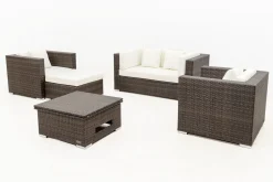 OUTFLEXX Gartenlounge, Polyrattan, braun marmoriert, 5 Pers, wasserfeste Kissenbox, inkl. Loungetisch