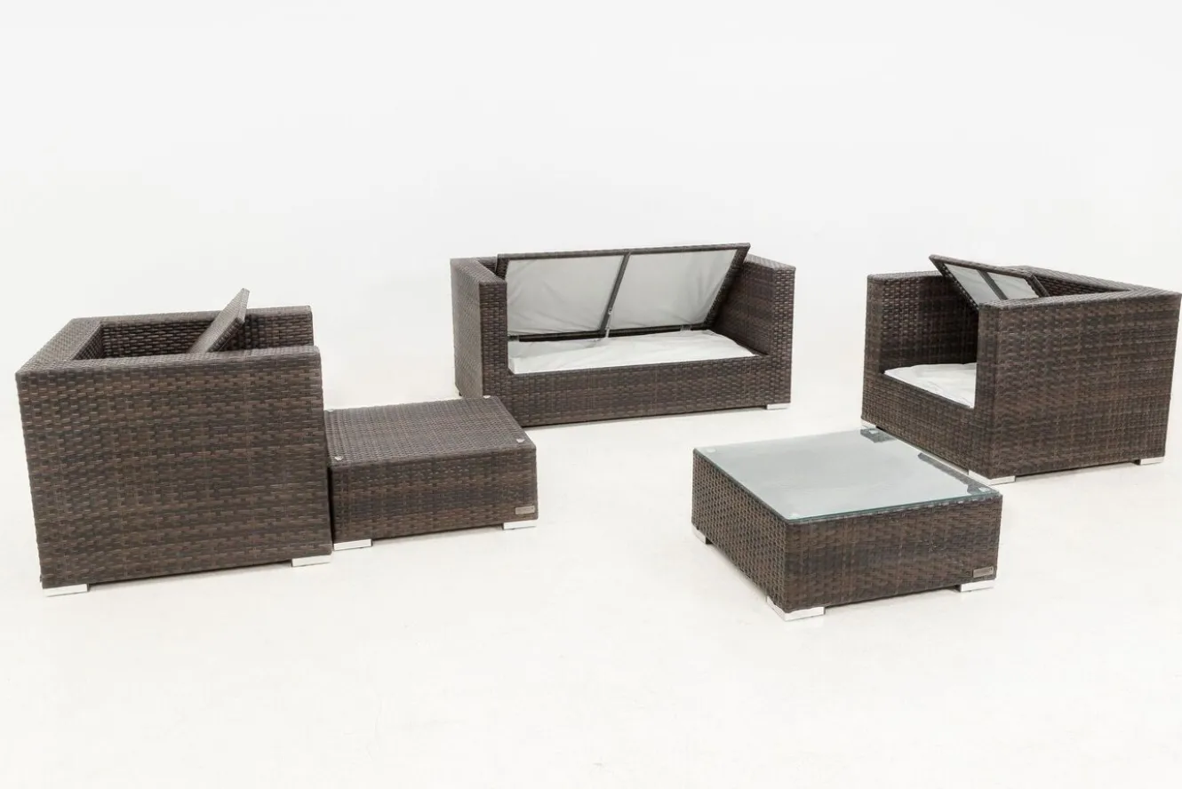 OUTFLEXX Gartenlounge, Polyrattan, braun marmoriert, 5 Pers, wasserfeste Kissenbox, inkl. Beistelltisch