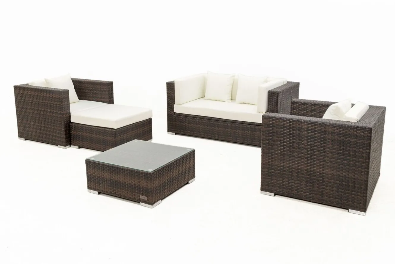 OUTFLEXX Gartenlounge, Polyrattan, braun marmoriert, 5 Pers, wasserfeste Kissenbox, inkl. Beistelltisch