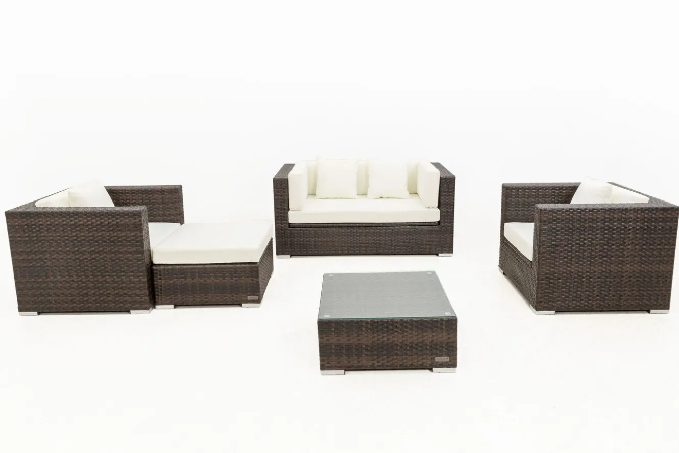 OUTFLEXX Gartenlounge, Polyrattan, braun marmoriert, 5 Pers, wasserfeste Kissenbox, inkl. Beistelltisch