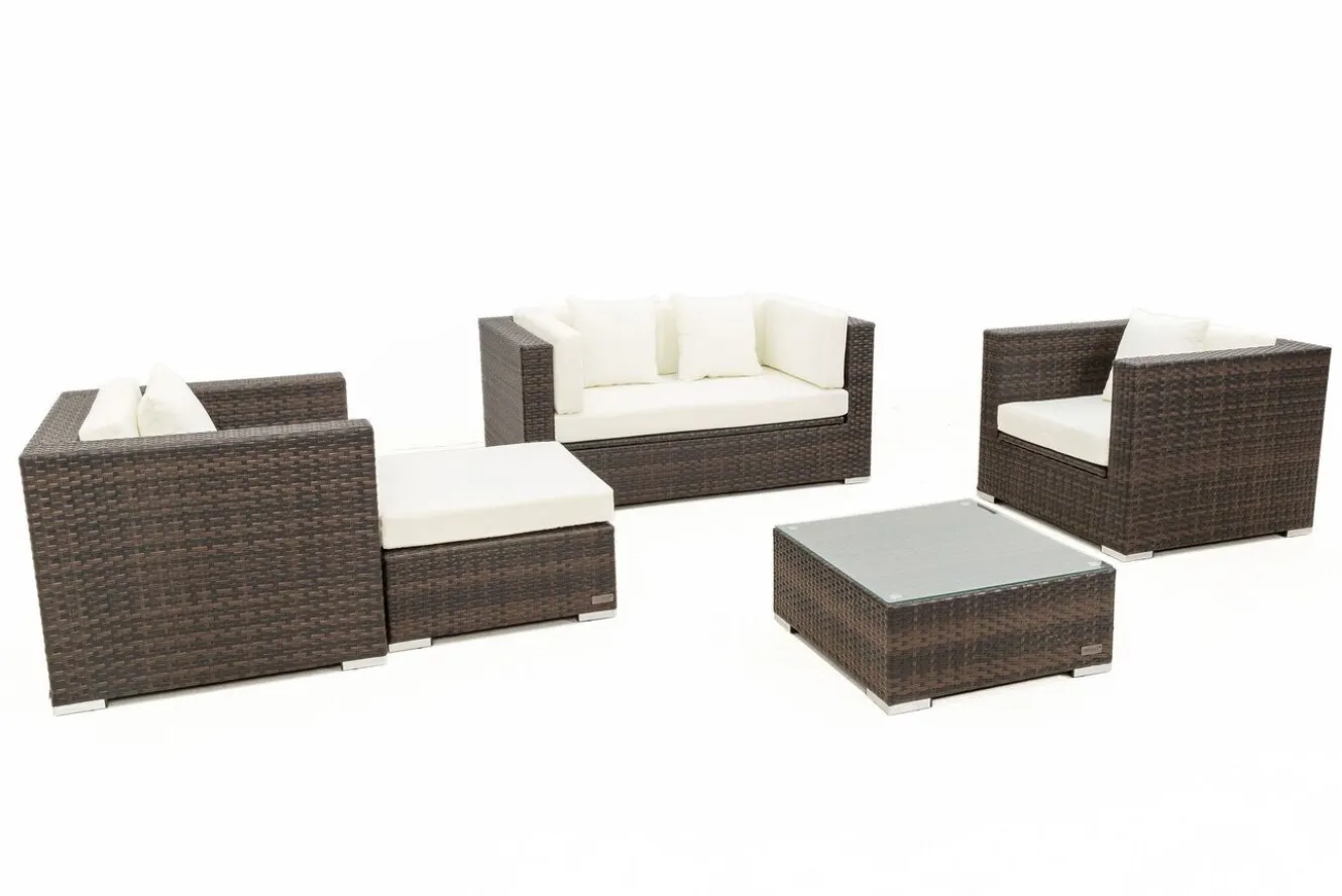 OUTFLEXX Gartenlounge, Polyrattan, braun marmoriert, 5 Pers, wasserfeste Kissenbox, inkl. Beistelltisch