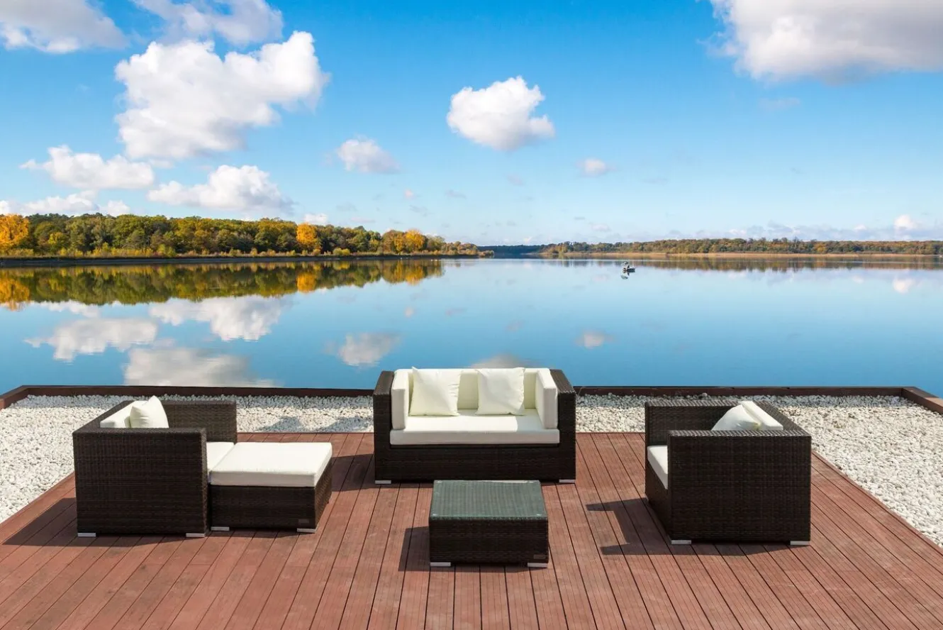 OUTFLEXX Gartenlounge, Polyrattan, braun marmoriert, 5 Pers, wasserfeste Kissenbox, inkl. Beistelltisch