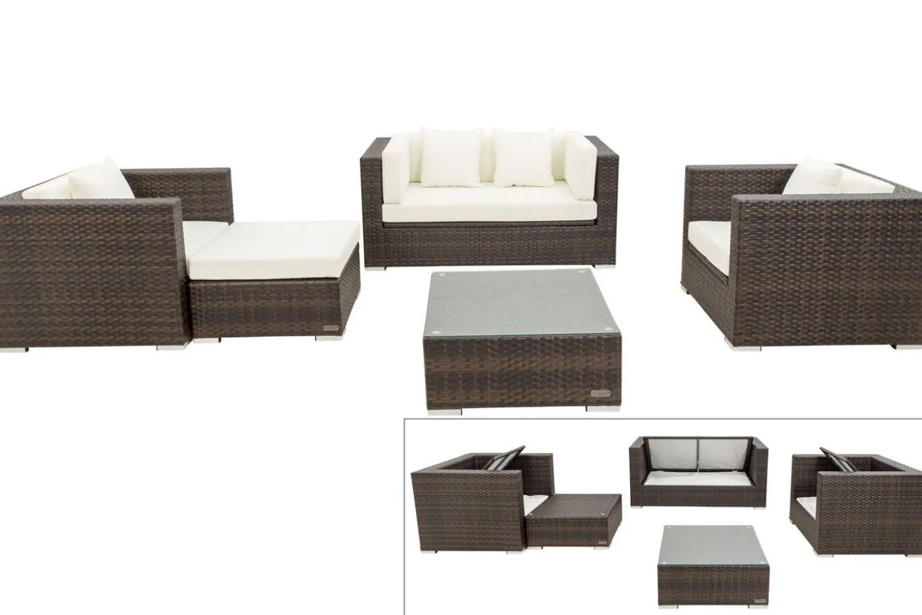 OUTFLEXX Gartenlounge, Polyrattan, braun marmoriert, 5 Pers, wasserfeste Kissenbox, inkl. Beistelltisch