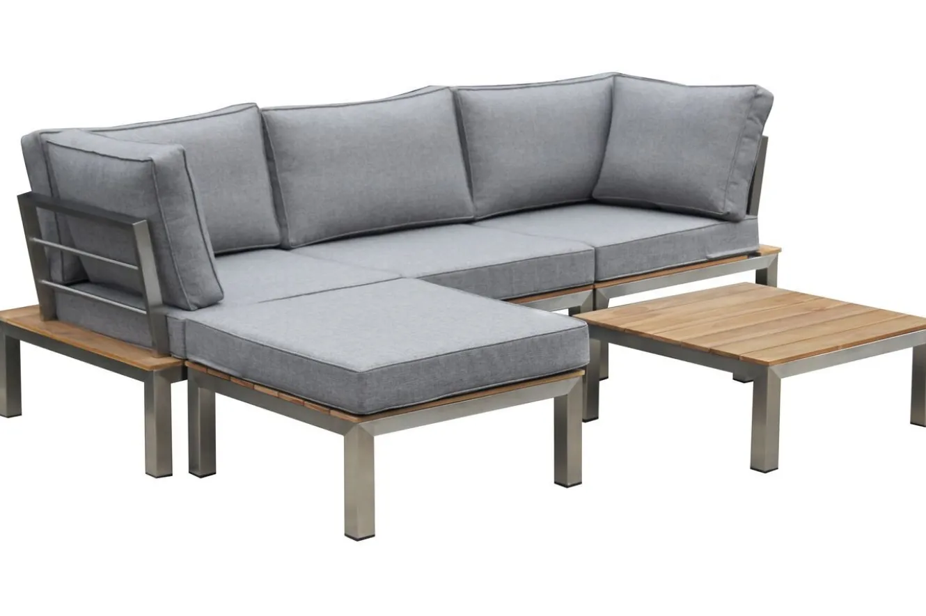 OUTFLEXX Gartenlounge, silber/grau, Edelstahl/Teakholz/Textil, für 4 Personen, inkl. Beistelltisch, FSC®-zertifiziertes Produkt