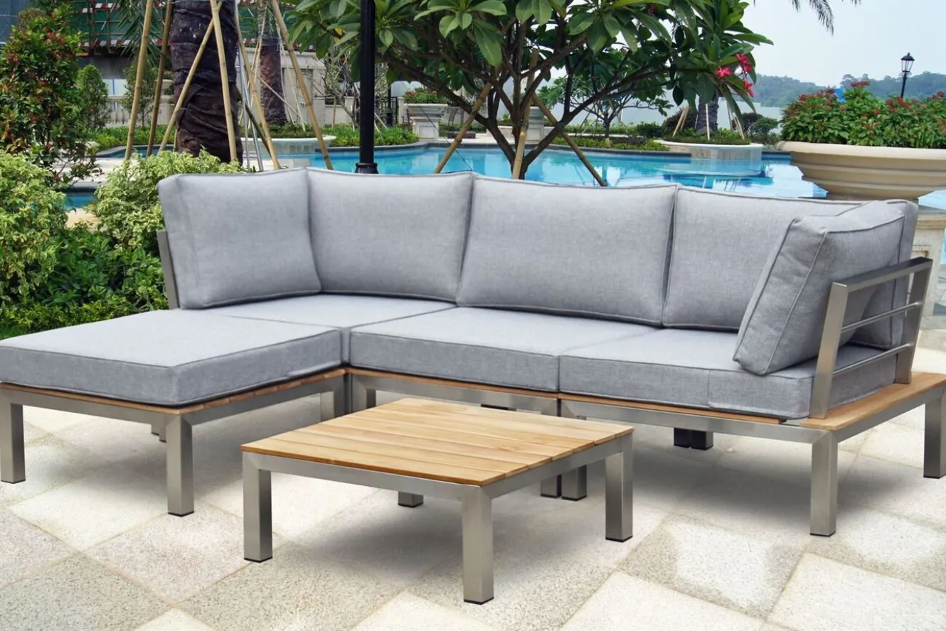 OUTFLEXX Gartenlounge, silber/grau, Edelstahl/Teakholz/Textil, für 4 Personen, inkl. Beistelltisch, FSC®-zertifiziertes Produkt