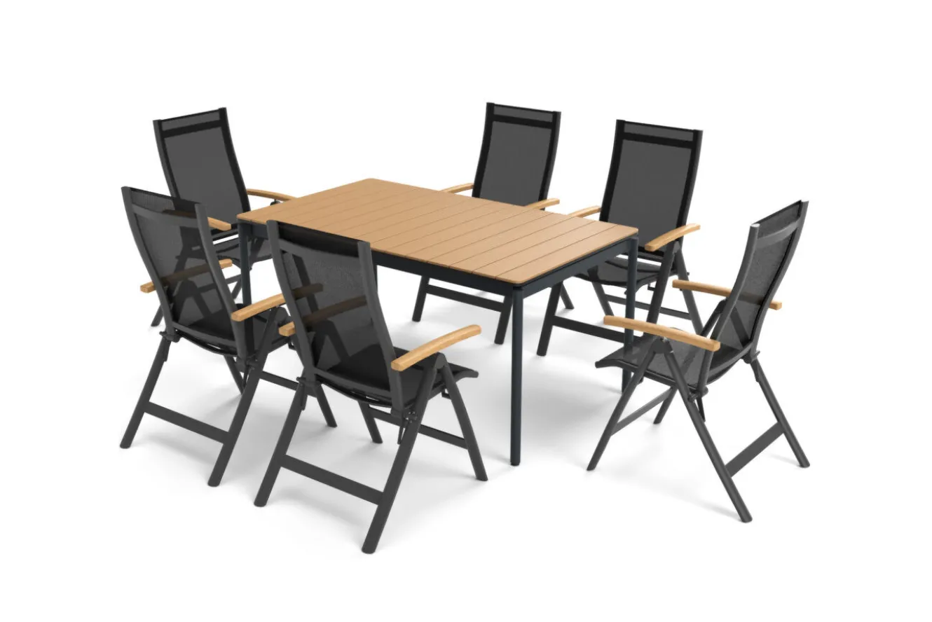 OUTFLEXX Glasgow Garten-Essgruppe für 6 Personen, anthrazit matt/natur, Alu/Holzimitat, klappbar,pulverbeschichtet