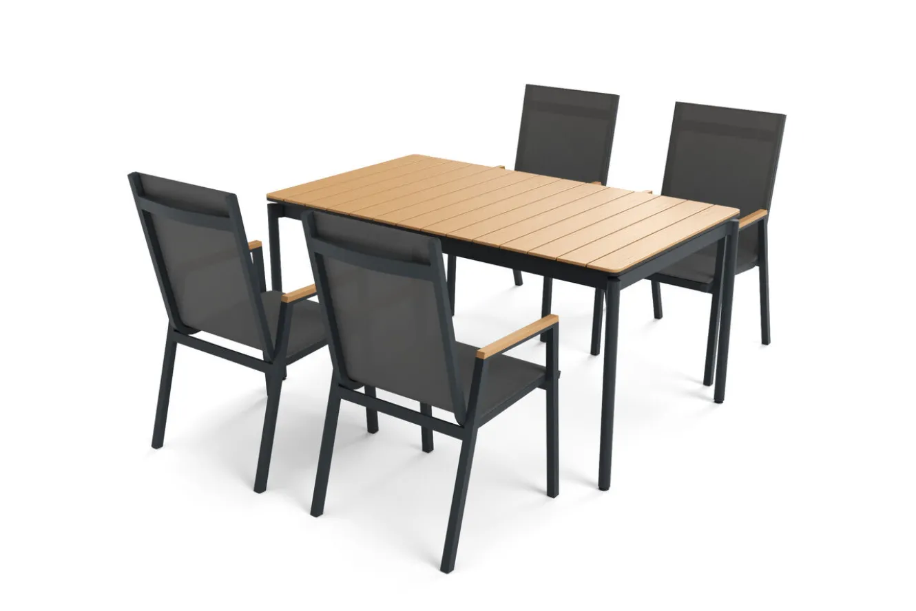 OUTFLEXX Glasgow Garten-Essgruppe für 4 Personen, anthrazit matt/natur, Alu/Edelstahl, stapelbar, pulverbeschichtet, hohe Belastbarkeit
