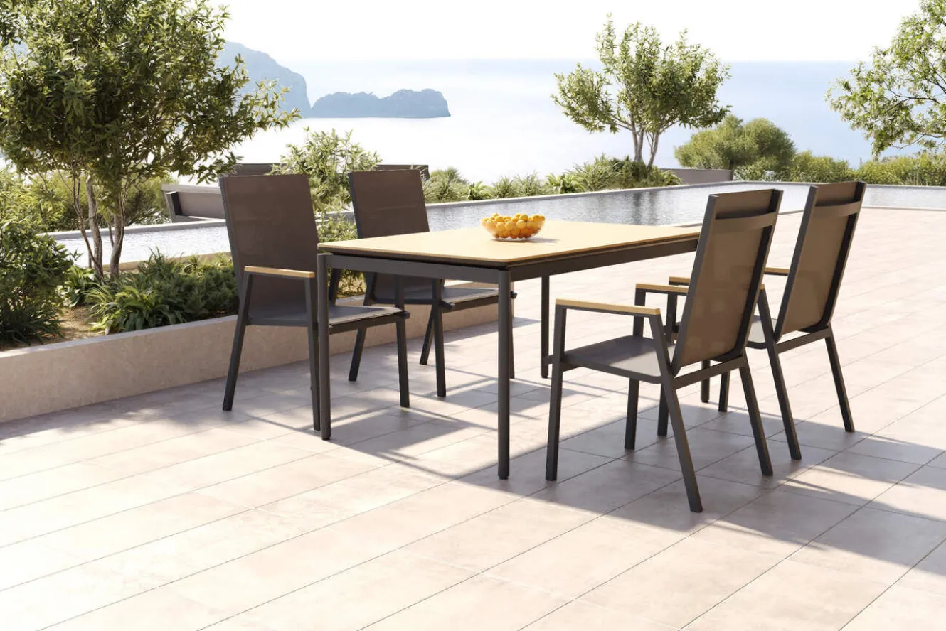 OUTFLEXX Glasgow Garten-Essgruppe für 4 Personen, anthrazit matt/natur, Alu/Edelstahl, stapelbar, pulverbeschichtet, hohe Belastbarkeit