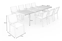 OUTFLEXX Glasgow Garten-Essgruppe für 8 Personen, Edelstahl/Textilene, ausziehbarer Tisch 200/300 x 100 cm, stapelbare Sessel, FSC®-zertifiziertes Produkt