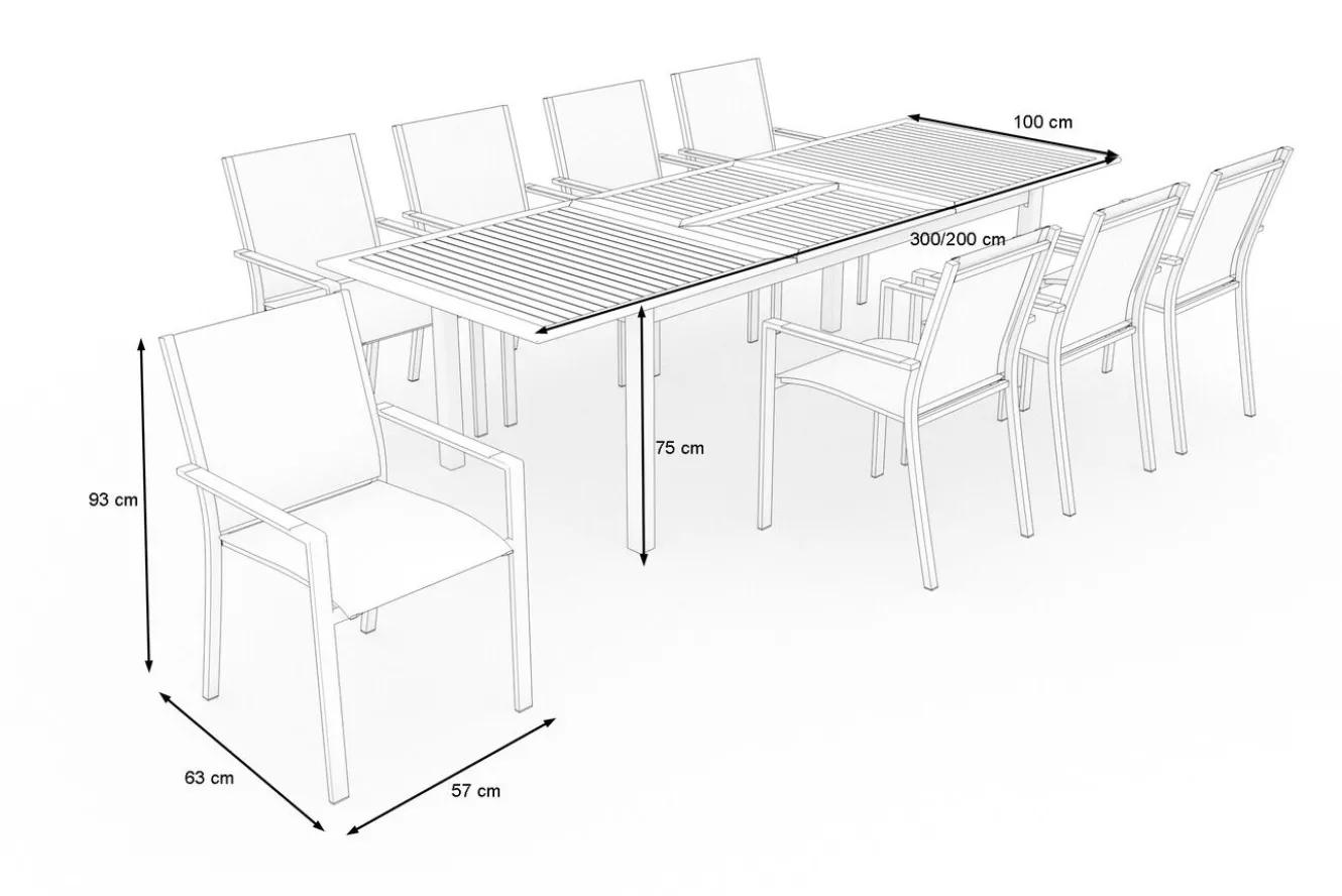 OUTFLEXX Glasgow Garten-Essgruppe für 8 Personen, Edelstahl/Textilene, ausziehbarer Tisch 200/300 x 100 cm, stapelbare Sessel, FSC®-zertifiziertes Produkt