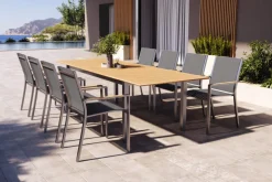 OUTFLEXX Glasgow Garten-Essgruppe für 8 Personen, Edelstahl/Textilene, ausziehbarer Tisch 200/300 x 100 cm, stapelbare Sessel, FSC®-zertifiziertes Produkt