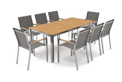 OUTFLEXX Glasgow Garten-Essgruppe für 8 Personen, Edelstahl/Textilene, ausziehbarer Tisch 200/300 x 100 cm, stapelbare Sessel, FSC®-zertifiziertes Produkt