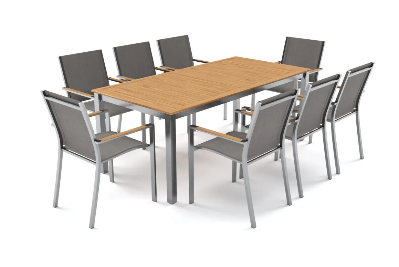 OUTFLEXX Glasgow Garten-Essgruppe für 8 Personen, Edelstahl/Textilene, ausziehbarer Tisch 200/300 x 100 cm, stapelbare Sessel, FSC®-zertifiziertes Produkt