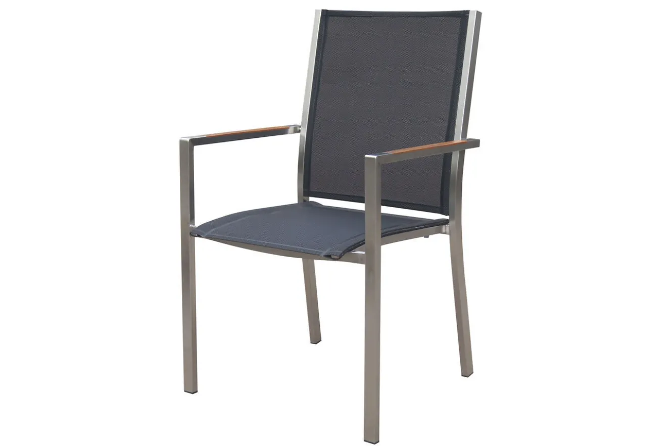 OUTFLEXX Glasgow Garten-Essgruppe für 6 Personen, schwarz/natur, Edelstahl/Textilene, 180 x 90 cm, stapelbar, FSC®-zertifiziertes Produkt
