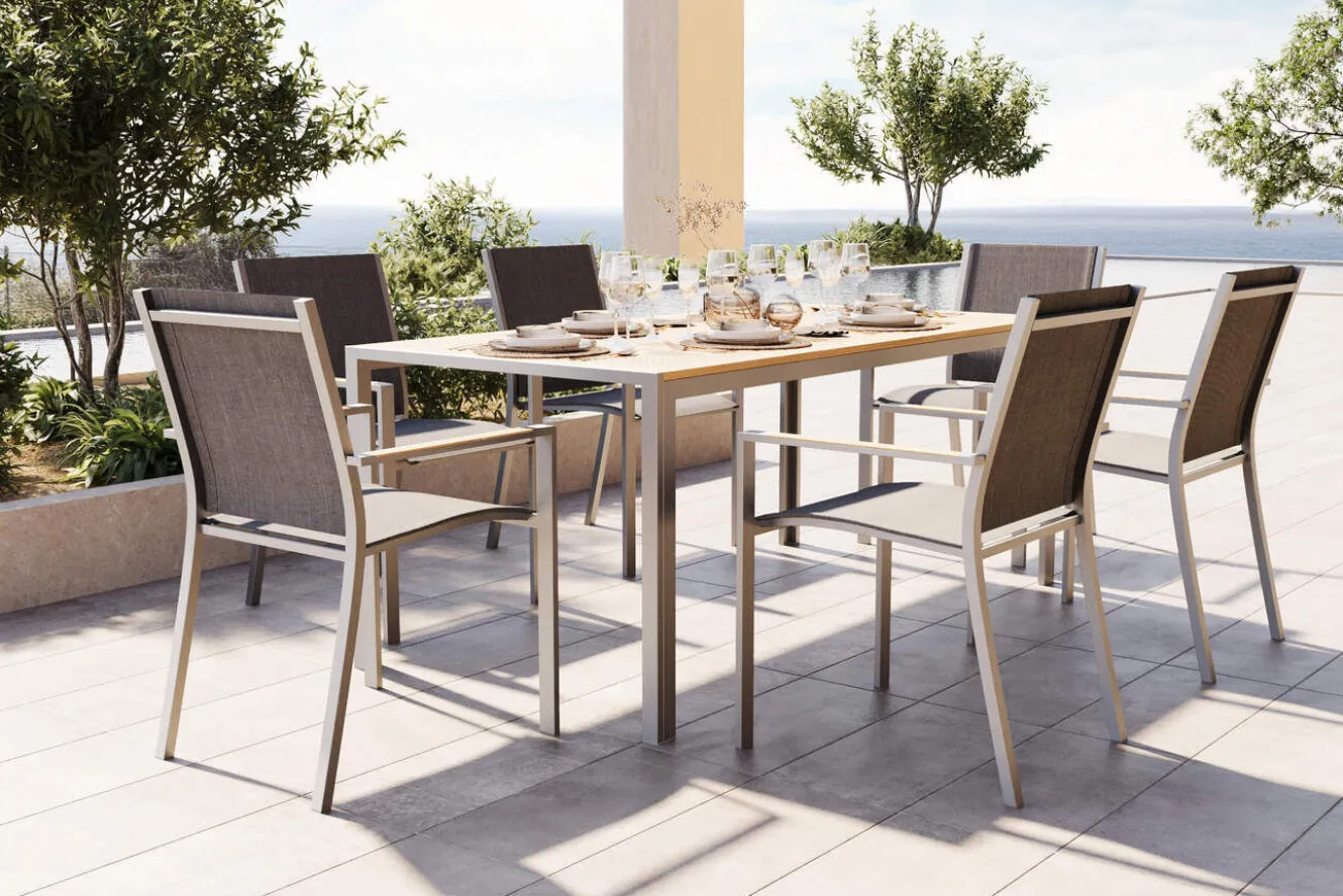 OUTFLEXX Glasgow Garten-Essgruppe für 6 Personen, schwarz/natur, Edelstahl/Textilene, 180 x 90 cm, stapelbar, FSC®-zertifiziertes Produkt