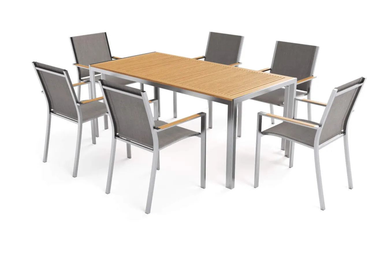 OUTFLEXX Glasgow Garten-Essgruppe mit 6 Sesseln, schwarz/natur, Edelstahl/Textilene, Esstisch 200 x 90 cm, stapelbare Sessel, FSC®-zertifiziertes Produkt