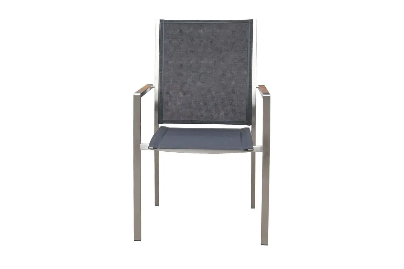 OUTFLEXX Glasgow Garten-Essgruppe mit 6 Sesseln, schwarz/natur, Edelstahl/Textilene, Esstisch 200 x 90 cm, stapelbare Sessel, FSC®-zertifiziertes Produkt