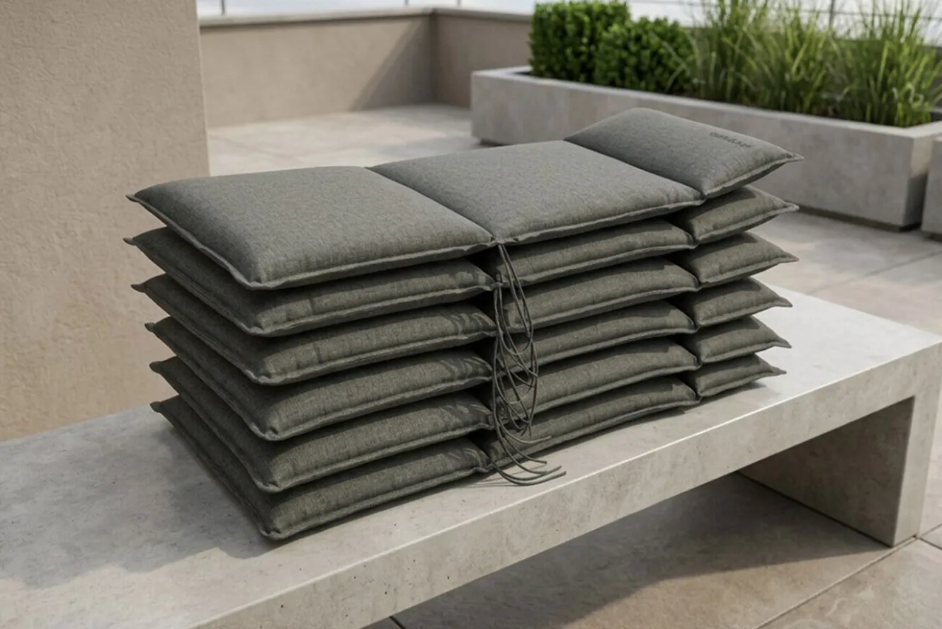 OUTFLEXX Green 6er-Set Sitzkissen für Hochlehner, anthrazit, recyceltes Polyester, hautsympathisch, mit Rückengurt und Bindekordeln