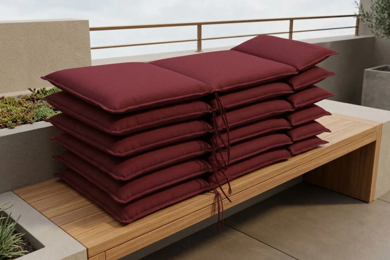 OUTFLEXX Green 6er-Set Sitzkissen für Hochlehner, bordeaux, recyceltes Polyester, hautsympathisch, mit Rückengurt und Bindekordeln