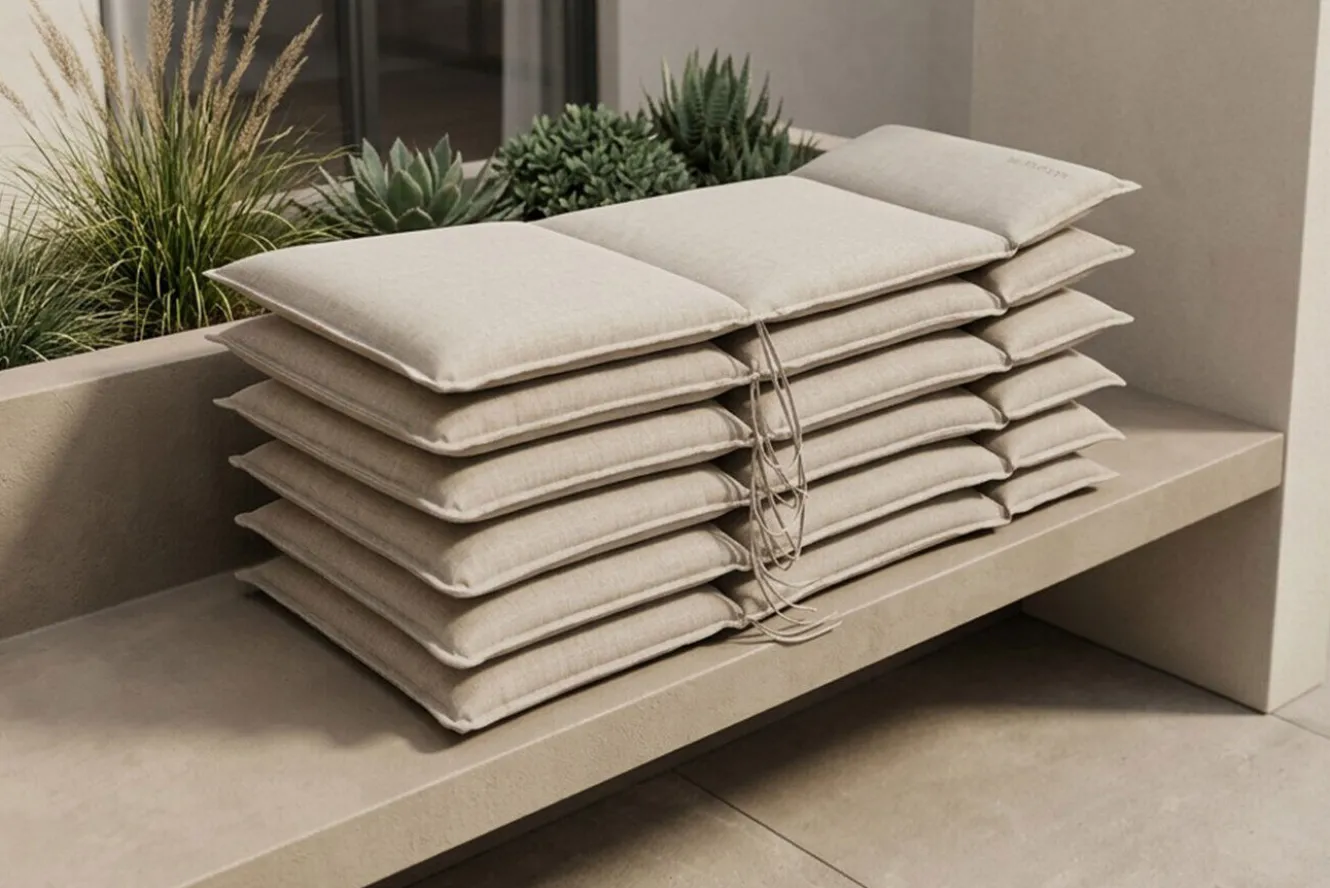 OUTFLEXX Green 6er-Set Sitzkissen für Hochlehner, nature, recyceltes Polyester, hautsympathisch, mit Rückengurt und Bindekordeln