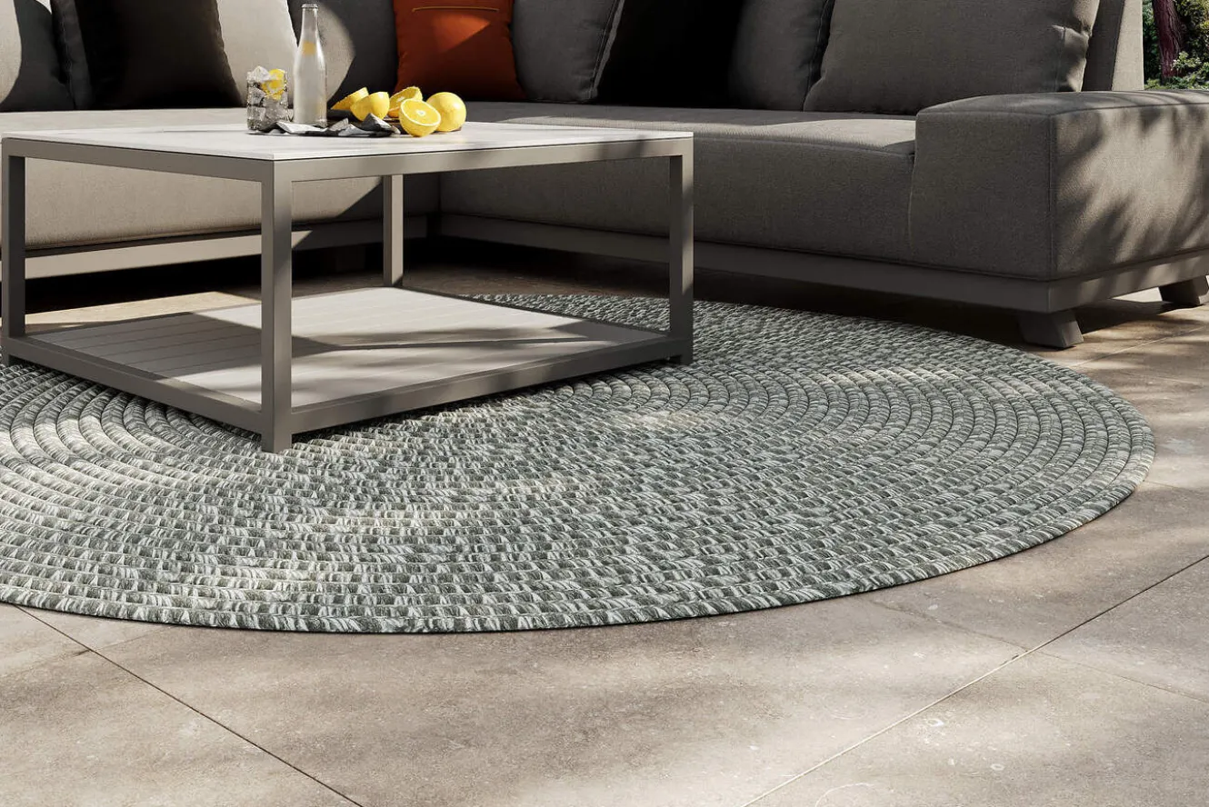 OUTFLEXX Harmony Outdoor Teppich, Aluminium-White, recyceltes PET-Garn, Ø 200 cm, für Innen- und Außenbereich geeignet