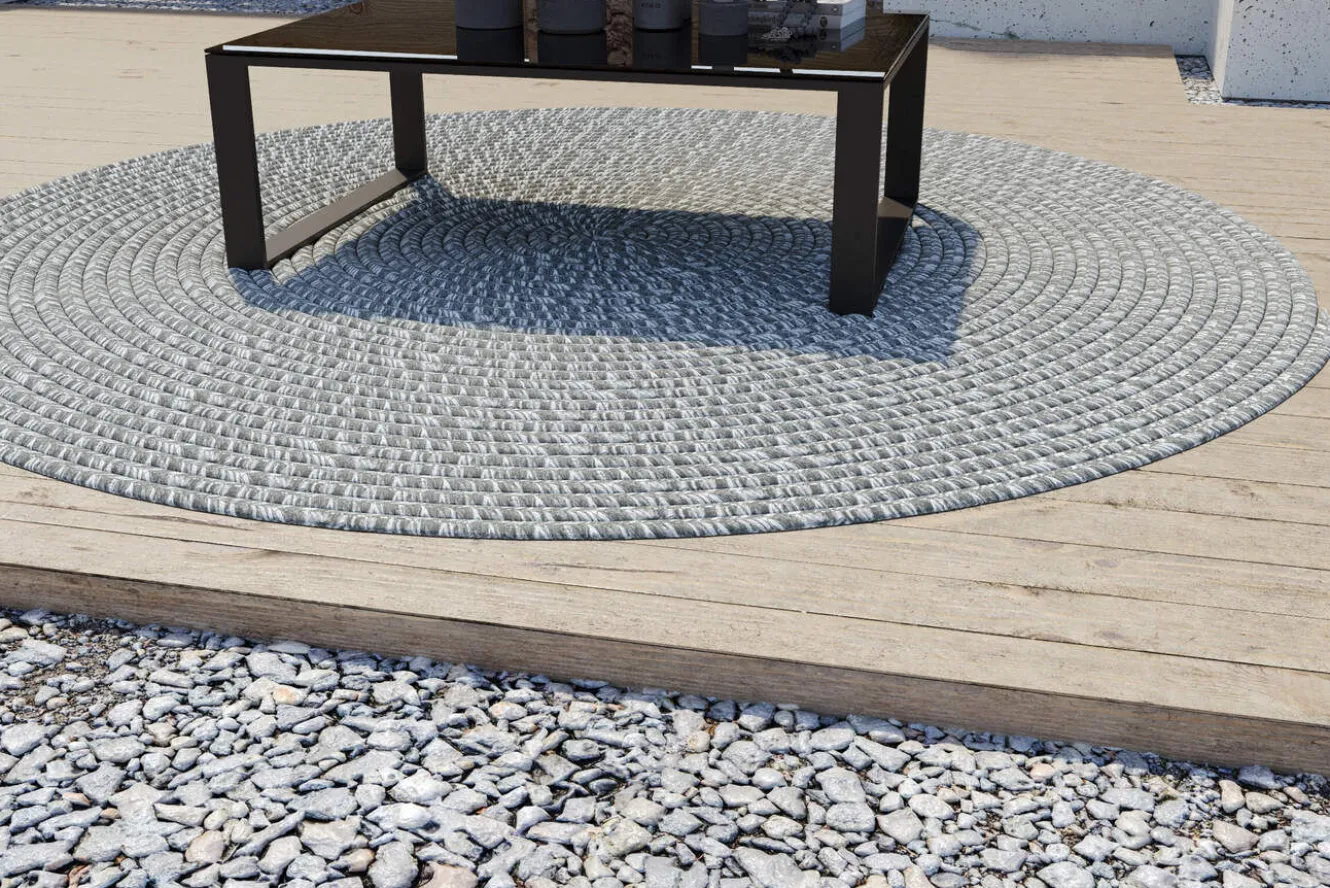 OUTFLEXX Harmony Outdoor Teppich, Aluminium-White, recyceltes PET-Garn, Ø 200 cm, für Innen- und Außenbereich geeignet