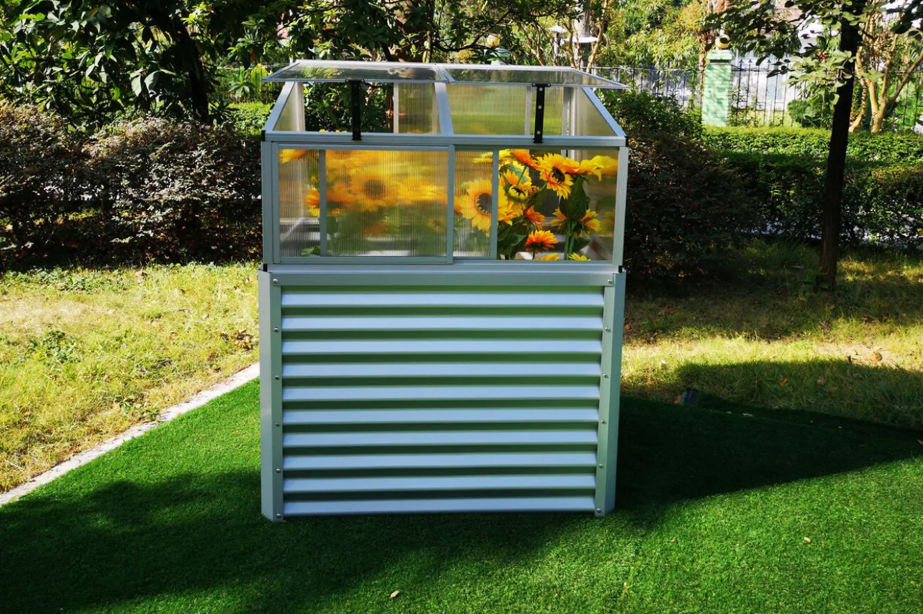 OUTFLEXX Hochbeetaufsatz mit Schiebetüren, silber, Alu/Polycarbonat, 116x86x60 cm, pulverbeschichtet
