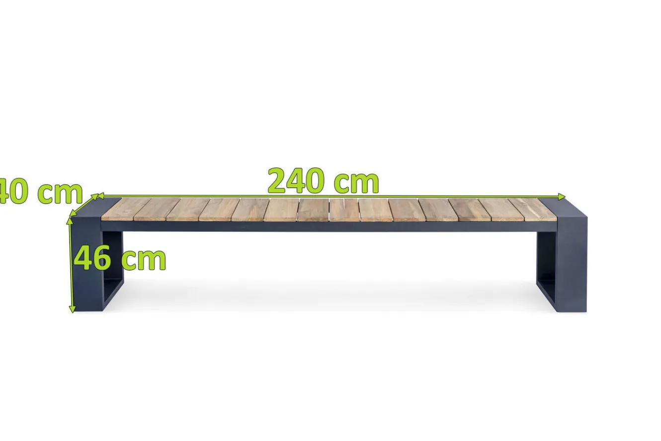OUTFLEXX Kona Bank, dark grey/natur, Alu/recyceltes Teak, 240x40x45cm, rustikal gebürstet, U-Gestell, FSC®-zertifiziertes Produkt