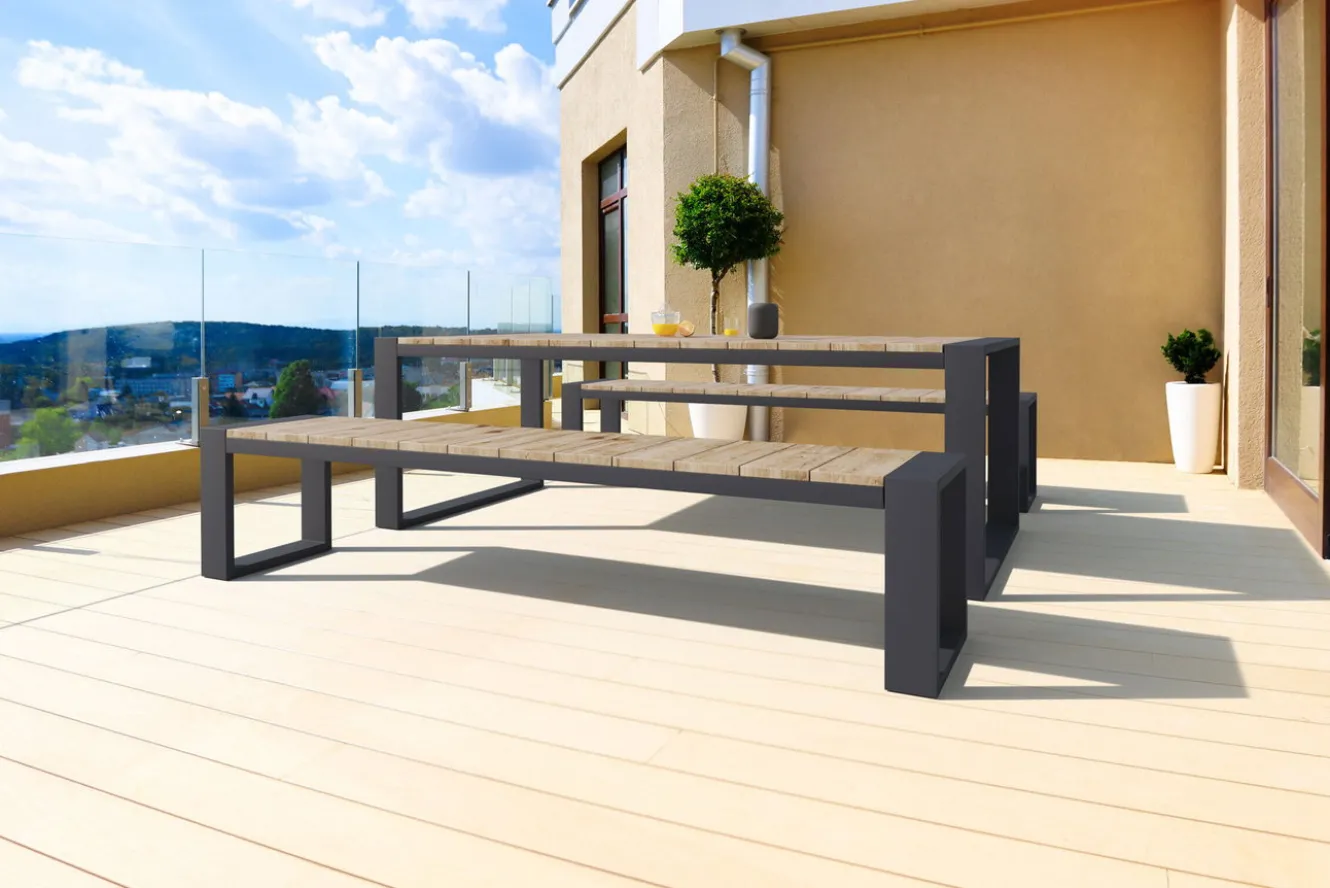 OUTFLEXX Kona Garten-Essgruppe, dark grey/natur, Alu/recyceltes Teak, Esstisch 240x100cm, 2x Bank 240x40cm, U-Gestell, FSC®-zertifiziertes Produkt