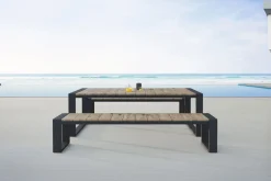 OUTFLEXX Kona Garten-Essgruppe, dark grey/natur, Alu/recyceltes Teak, Esstisch 240x100cm, 2x Bank 240x40cm, U-Gestell, FSC®-zertifiziertes Produkt