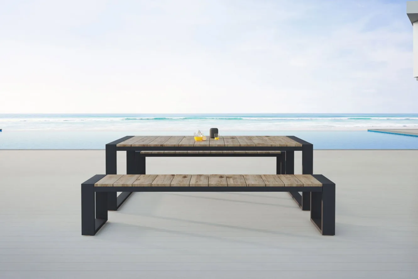 OUTFLEXX Kona Garten-Essgruppe, dark grey/natur, Alu/recyceltes Teak, Esstisch 240x100cm, 2x Bank 240x40cm, U-Gestell, FSC®-zertifiziertes Produkt