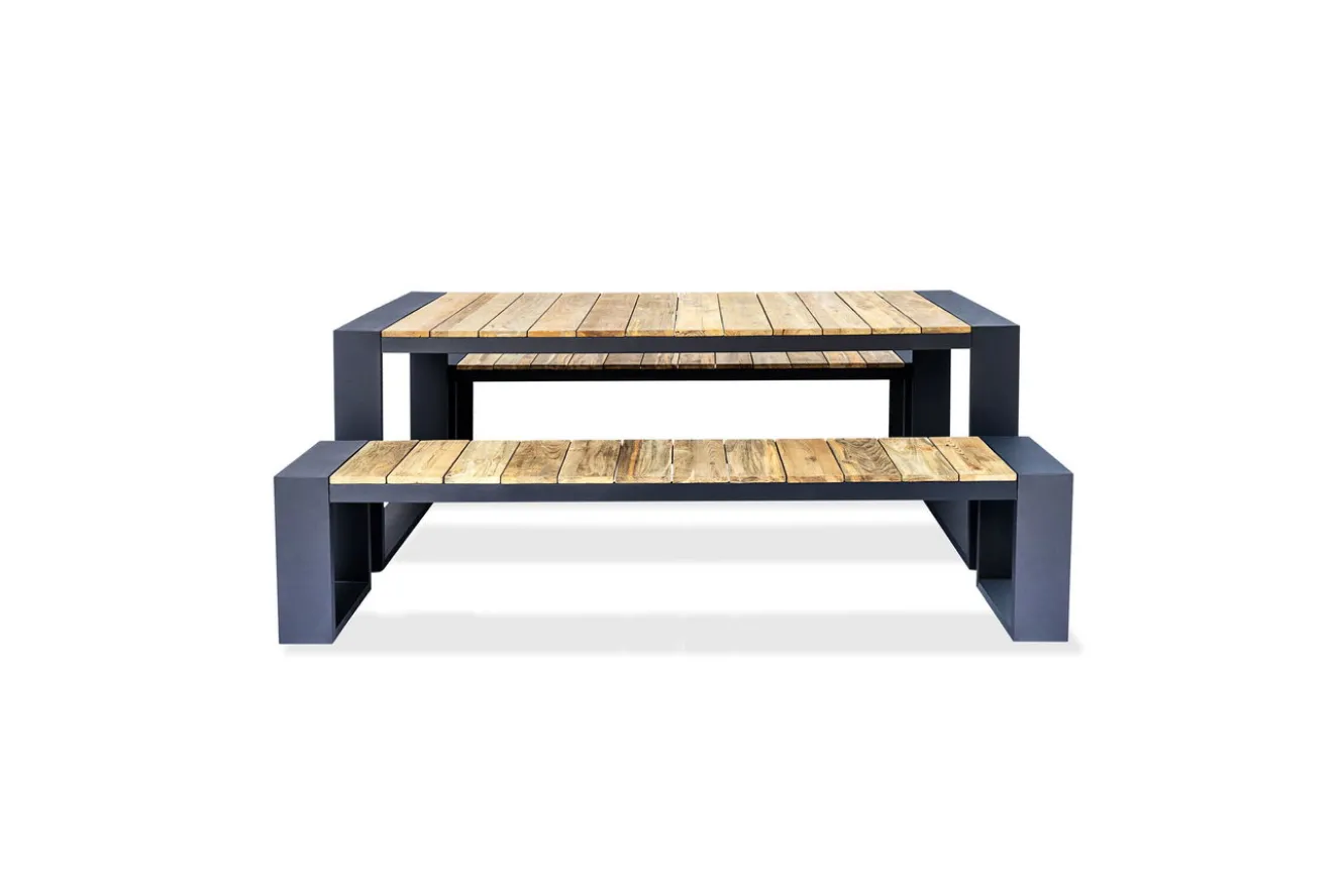 OUTFLEXX Kona Garten-Essgruppe, dark grey/natur, Alu/recyceltes Teak, Esstisch 240x100cm, 2x Bank 240x40cm, U-Gestell, FSC®-zertifiziertes Produkt