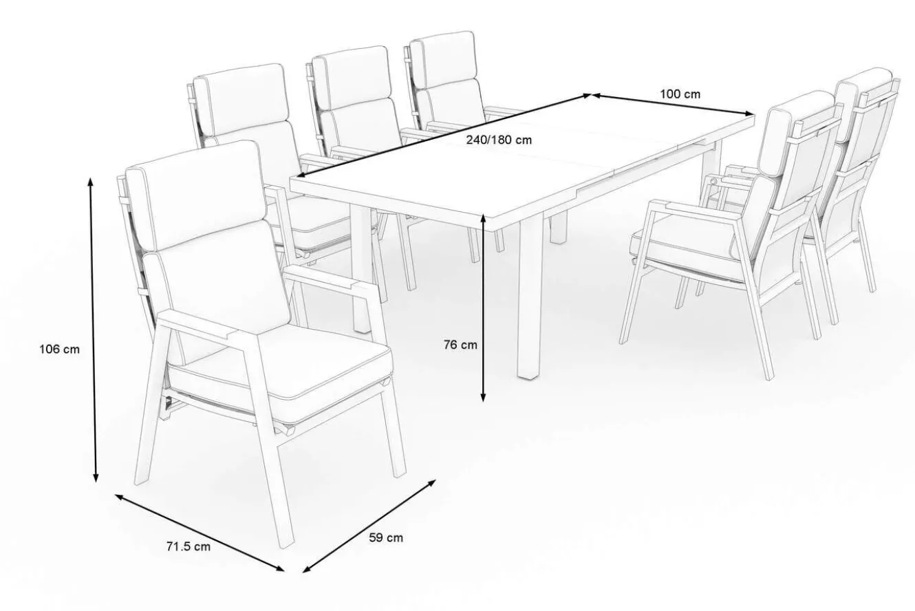 OUTFLEXX Korba Garten-Essgruppe, 6 Personen, ausziehbarer Tisch 180–240 cm, Aluminium/Teak, inkl. Polster