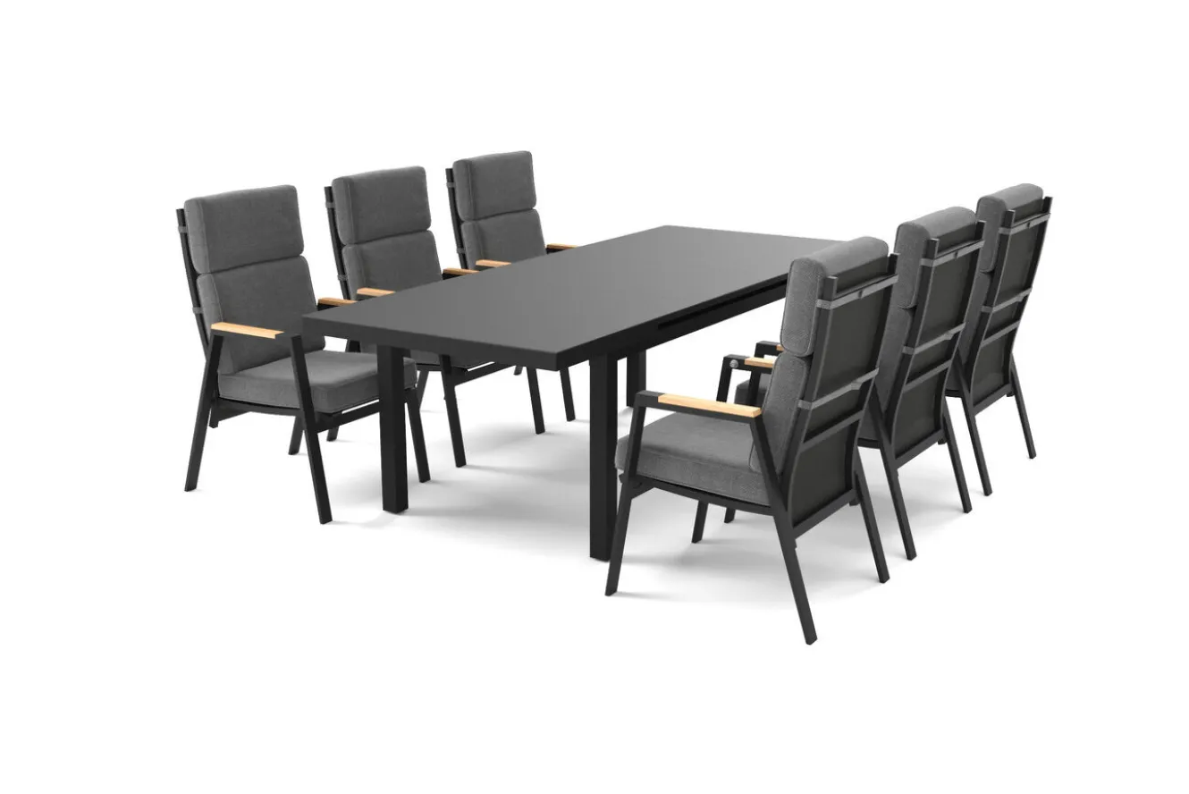 OUTFLEXX Korba Garten-Essgruppe, 6 Personen, ausziehbarer Tisch 180–240 cm, Aluminium/Teak, inkl. Polster
